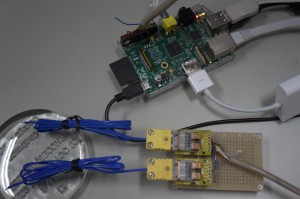 Raspberry piに熱電対モジュール２つ接続した外観